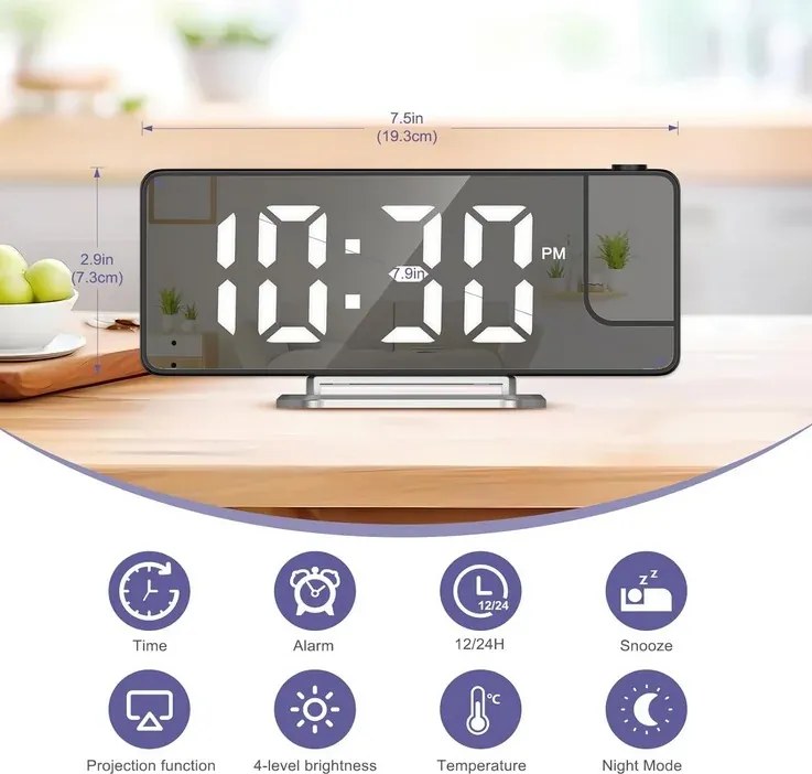 Projektoros digitális ébresztőóra DZ-673 nagy 7,9" LED kijelzővel