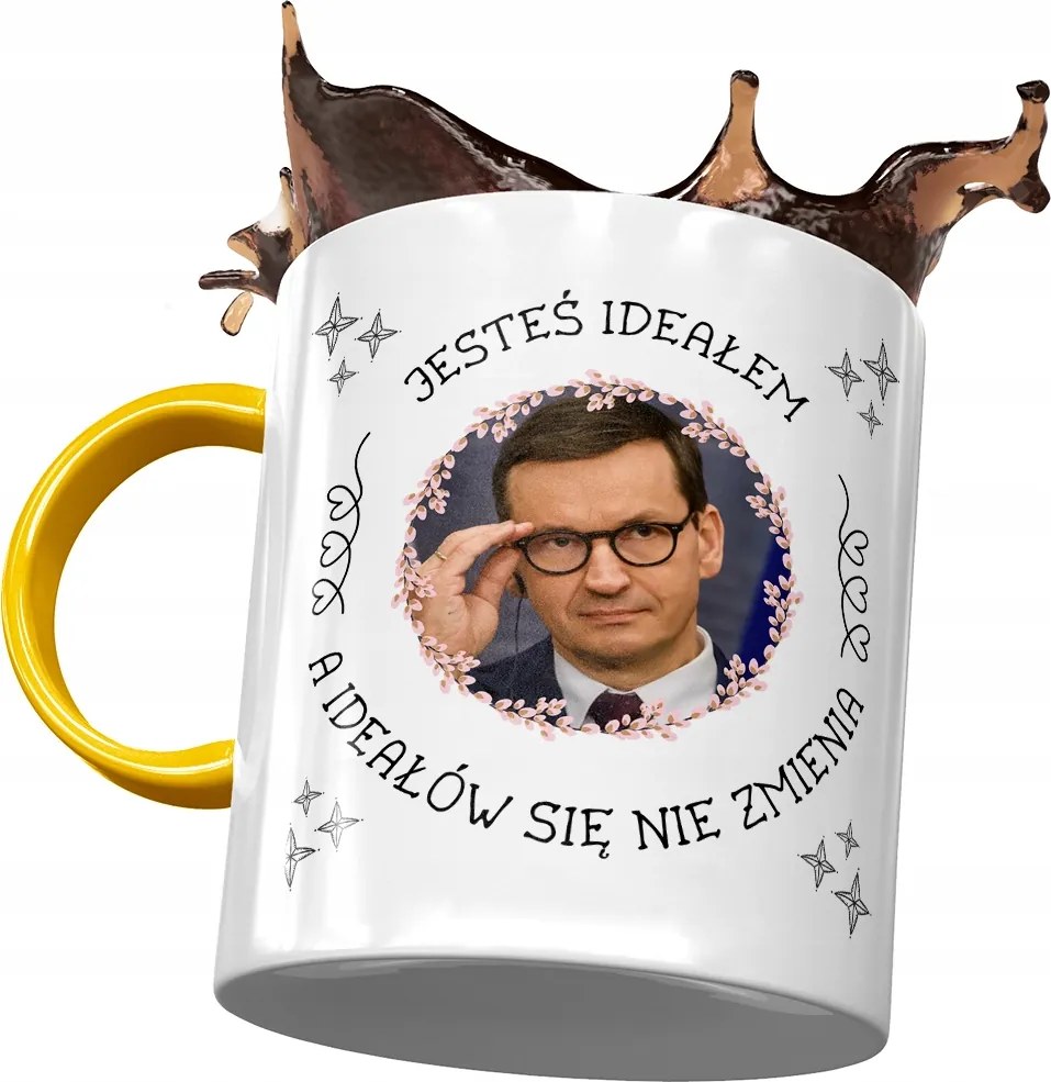 Sárga bögre Mateusz Morawiecki Premier Ajándék Nyomtatott Fotóval