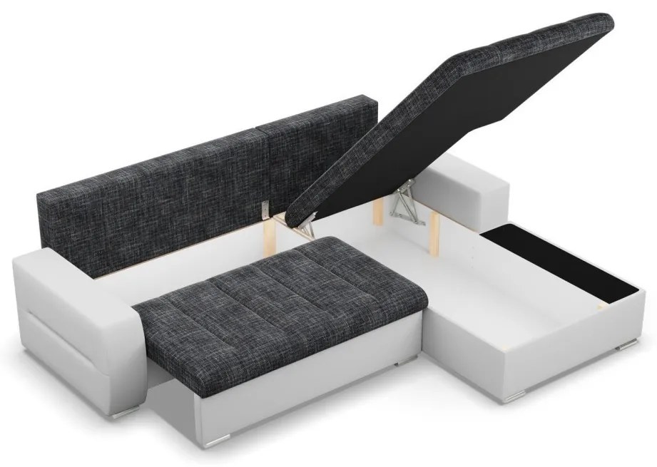 Toronto sarokkanapé, 2 ágyneműtartóval, fonott + műbőr, jobboldali, sötétszürke - fehér