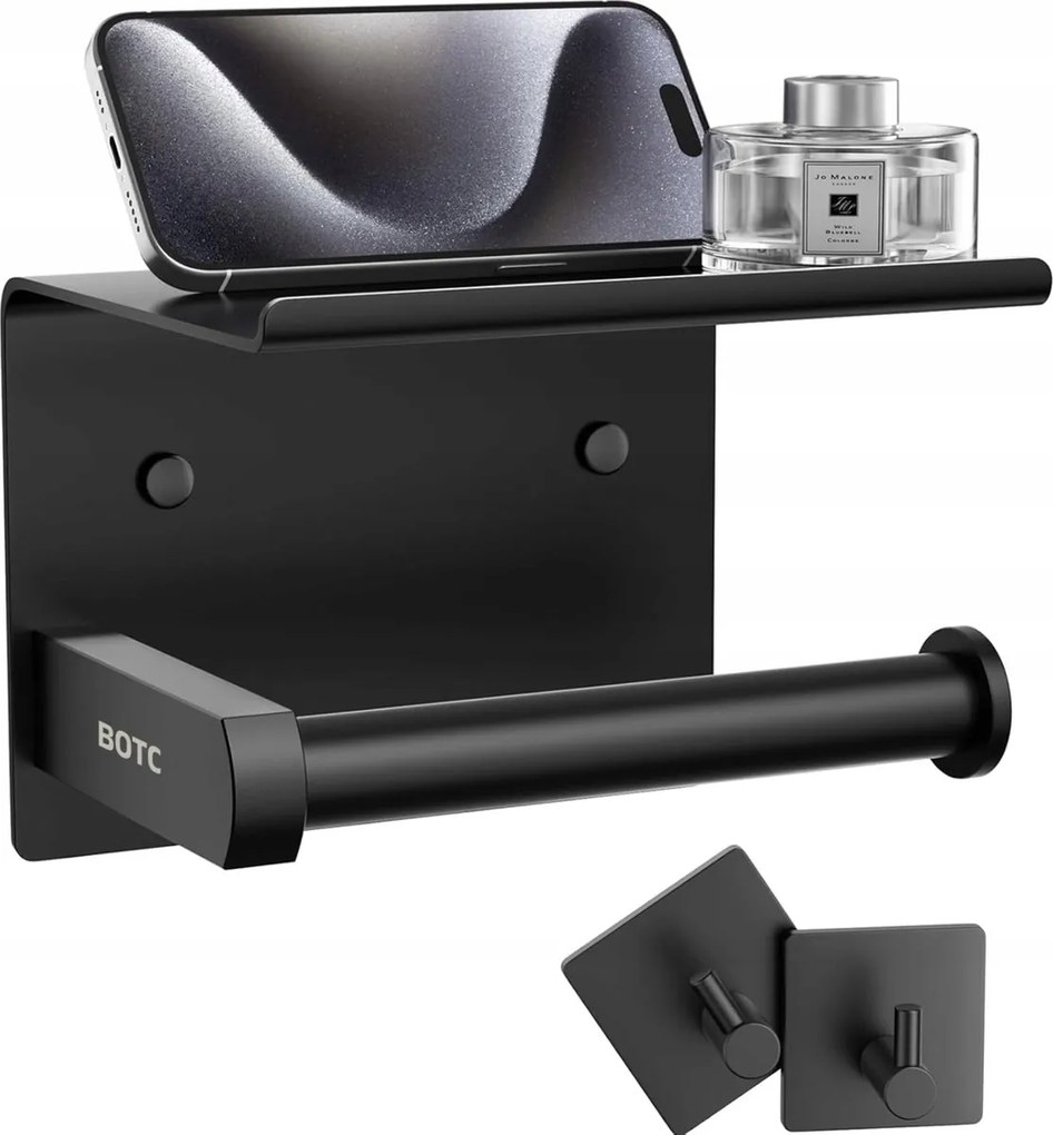 Wc Papír Tartó Telefontartó Polccal Öntapadós Fekete Fém