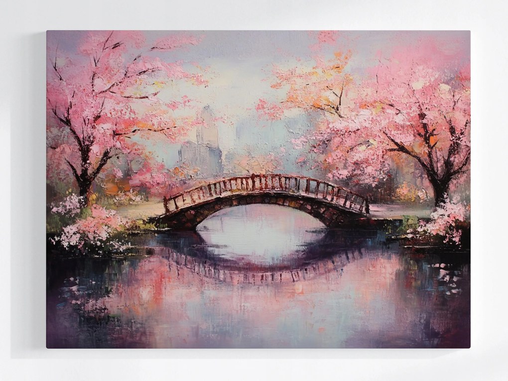Vászonkép Canvas Japán Tavasz Park Folyó Híd Cseresznye Fák 100x75
