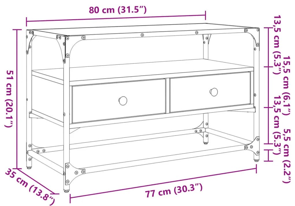 füstös tölgy szerelt fa TV-szekrény üveglappal 80 x 35 x 51 cm