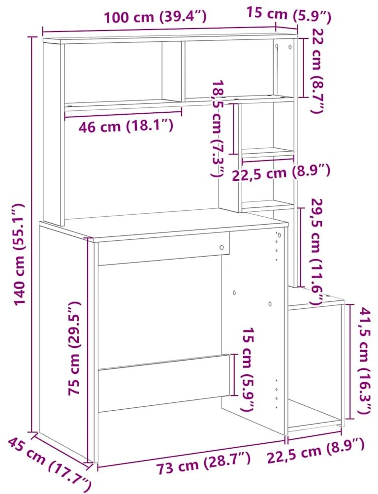 vidaXL füstös tölgy szerelt fa íróasztal polcokkal 100x45x140 cm
