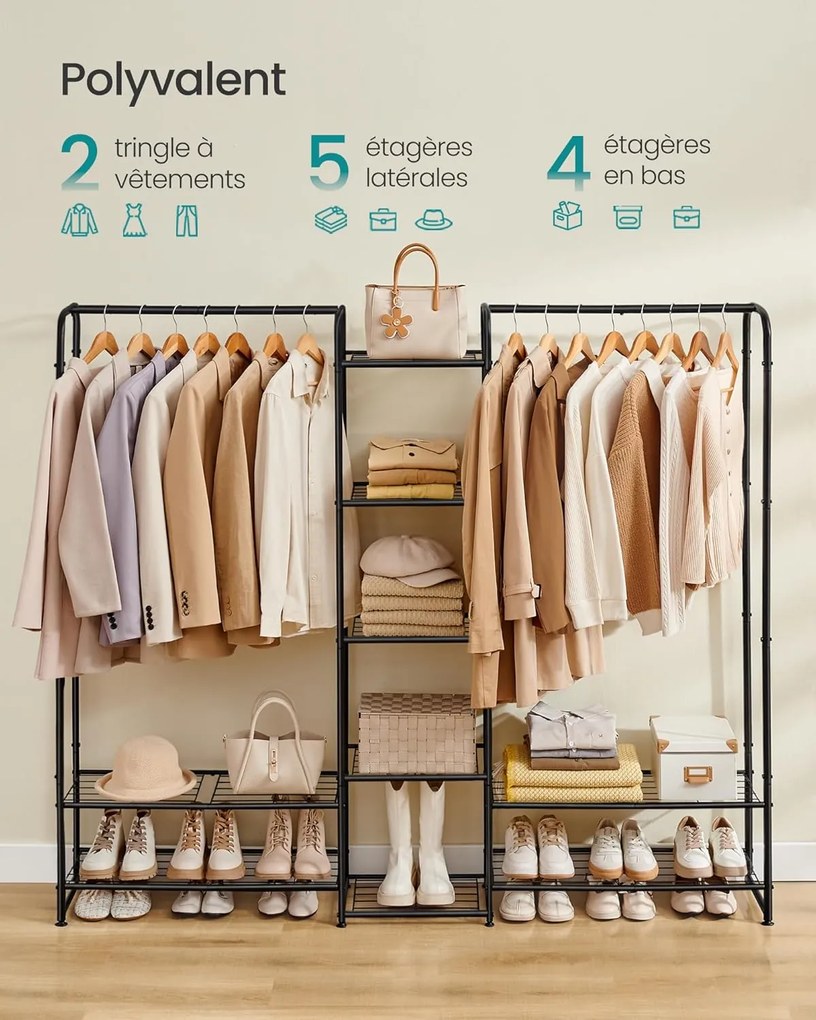 Ruhatartó állvány rúddal és polcokkal, fém kabáttartó, matt fekete