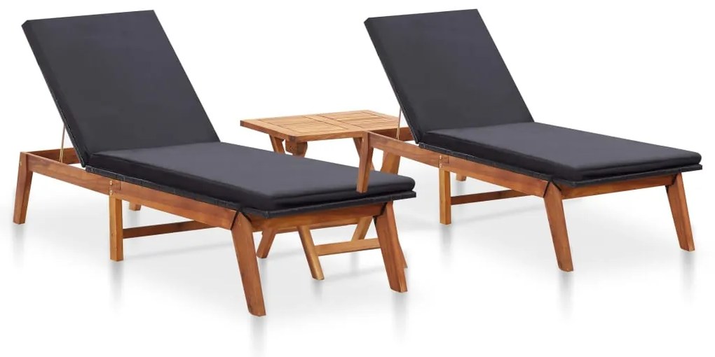 vidaXL 2 db polyrattan és tömör akácfa napozóágy asztallal