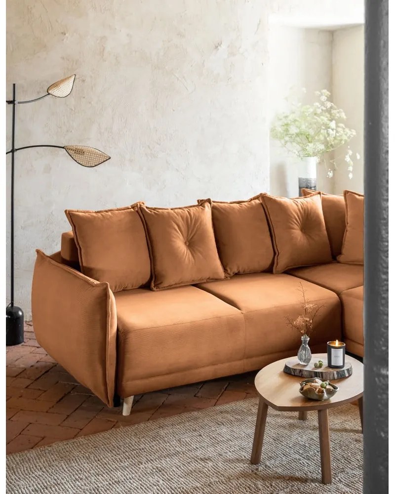 Téglavörös kordbársony kinyitható sarokkanapé (jobb oldali) Lazy Lukka – Miuform