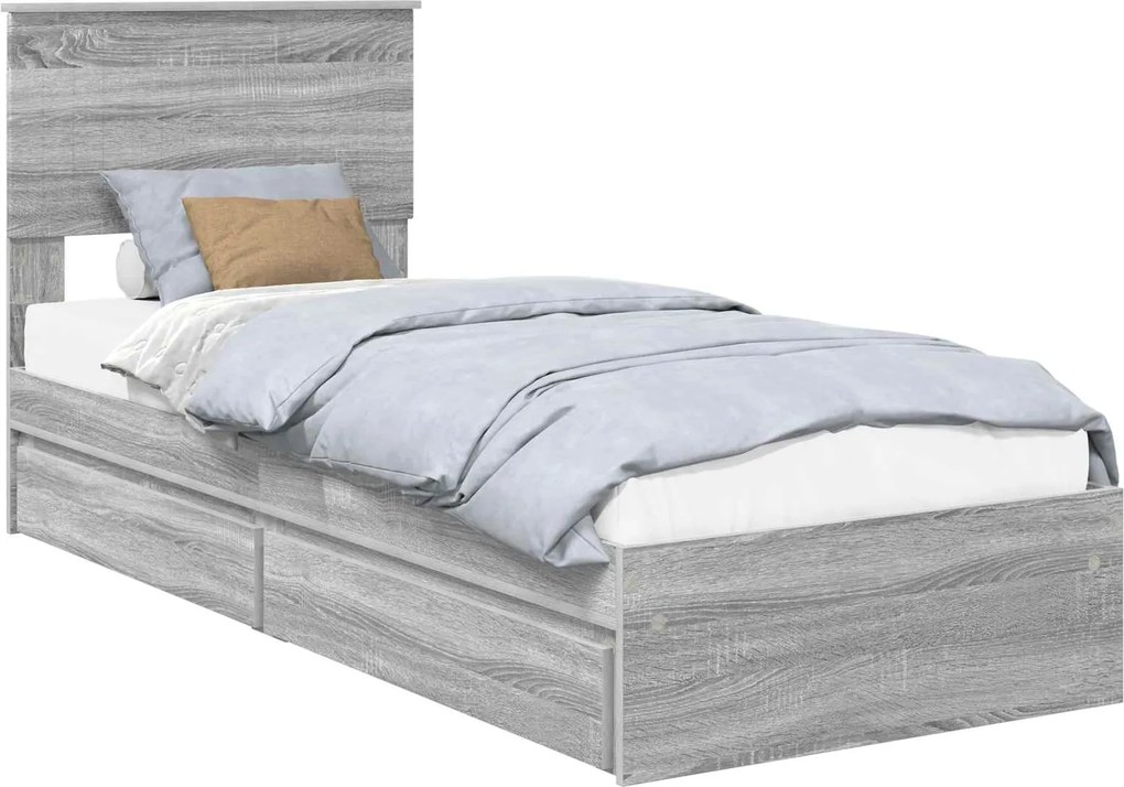 vidaXL Tárolós Ágy fejtámlával Szürke Sonoma 75 x 190 cm Faanyag