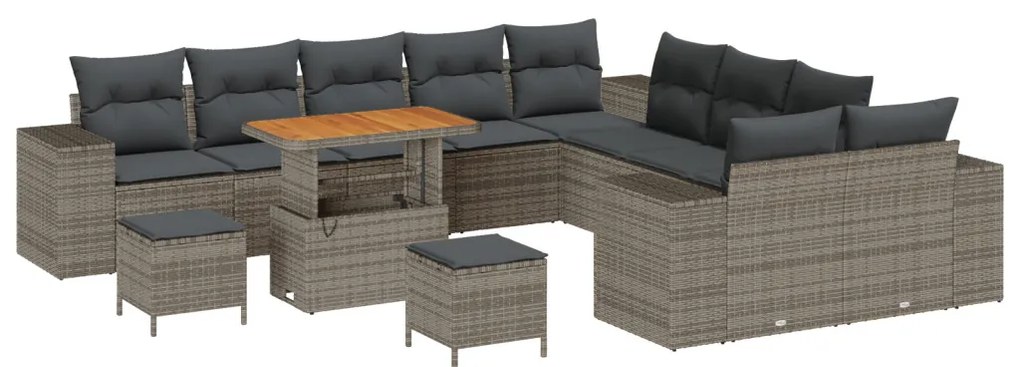 13 Részes Kert Sofa Szett Párnákkal Szürke Poli Rattan Akácia, 3 Részes Kert Étkező Szett Párnákkal Szürke Poli Rattan Akácia