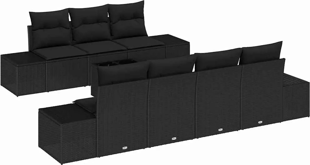 vidaXL Kerti Kanapé Szett párnával tárolóval 8 pcs Fekete polirattan