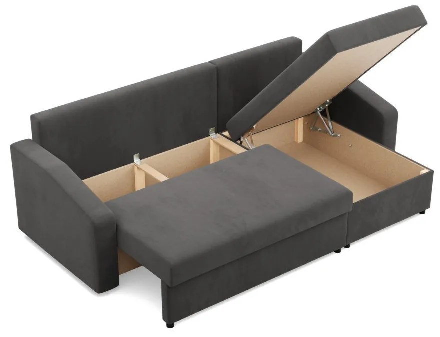 Zeus sarokkanapé, 1 ágyneműtartóval, döntött kartámasz, szövet anyag, univerzális oldal, bonell töltet, szürke