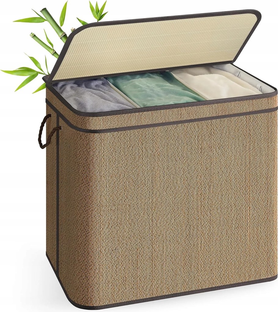 Bambusz szennyestartó kosár 170L 3 rekeszes szelektív Songmics Barna