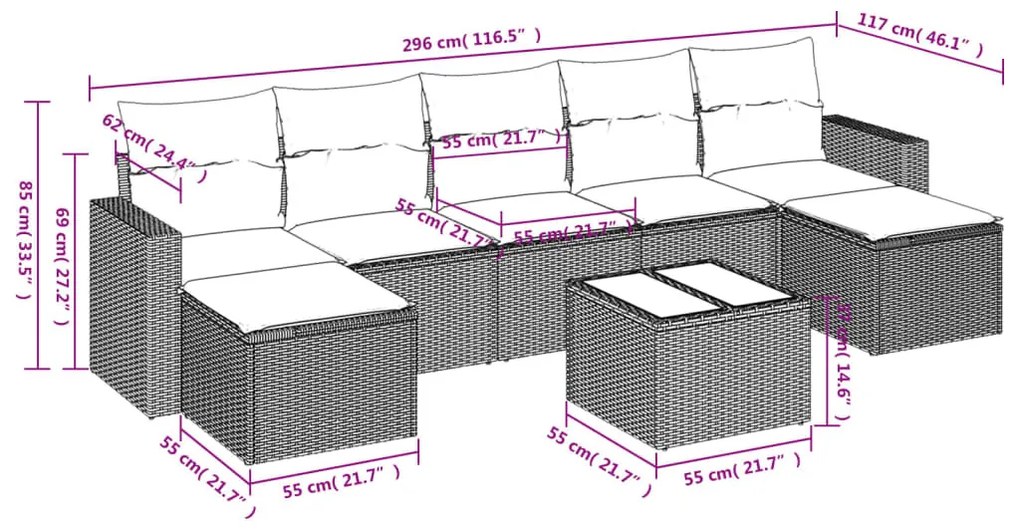 8 részes világosszürke polyrattan kerti ülőgarnitúra párnával