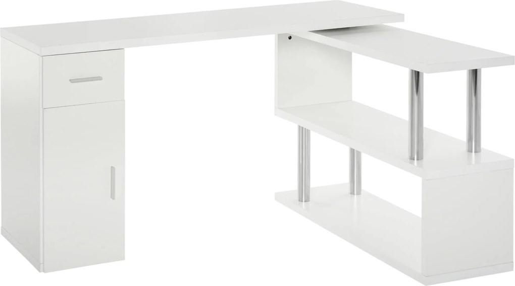 HOMCOM Modern Sarok Íróasztal Fából, Fiókkal, Szekrénnyel és Polcokkal, Ideális Irodai és Otthoni Dekorációhoz, Fehér | Aosom