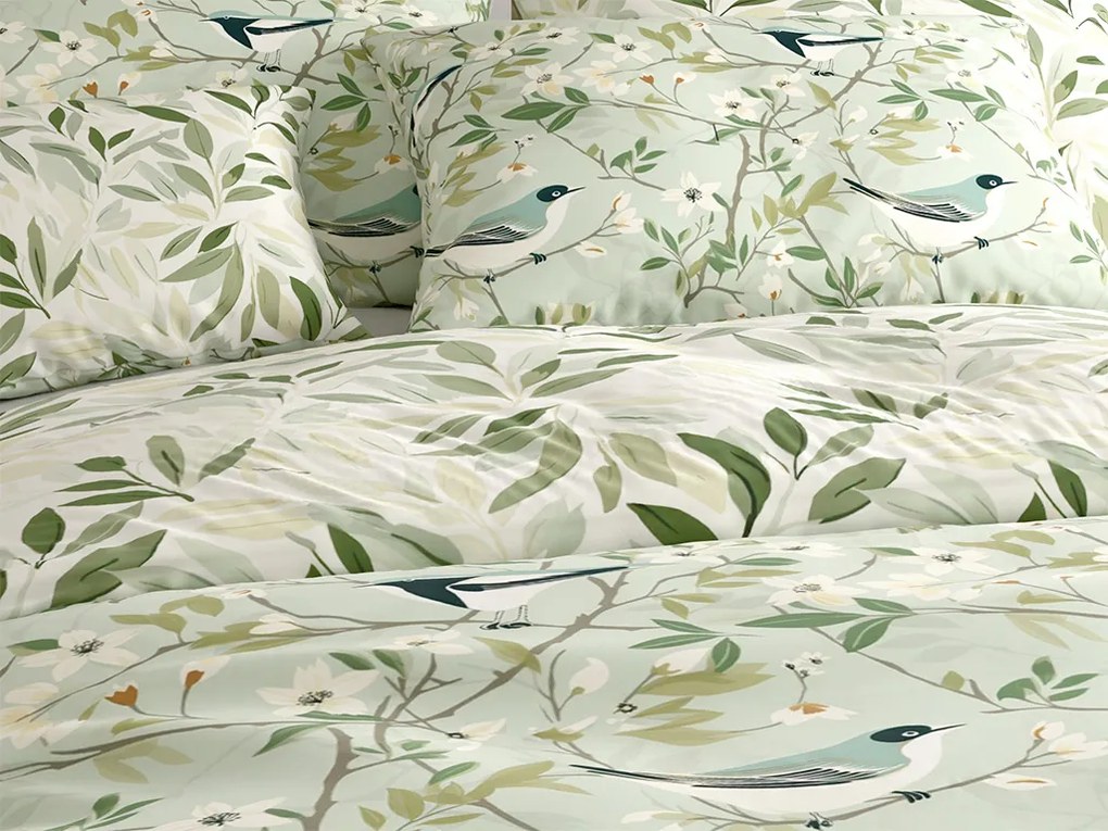 Pamut ágynemű FLORIBIRD POLY zöld Ágyneműhuzat mérete: 2 db 70 x 90 cm | 200 x 220 cm