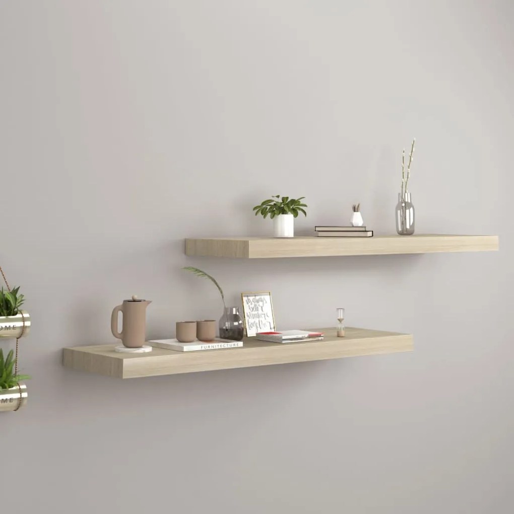 2 db tölgyszínű MDF lebegő fali polc 80 x 23,5 x 3,8 cm