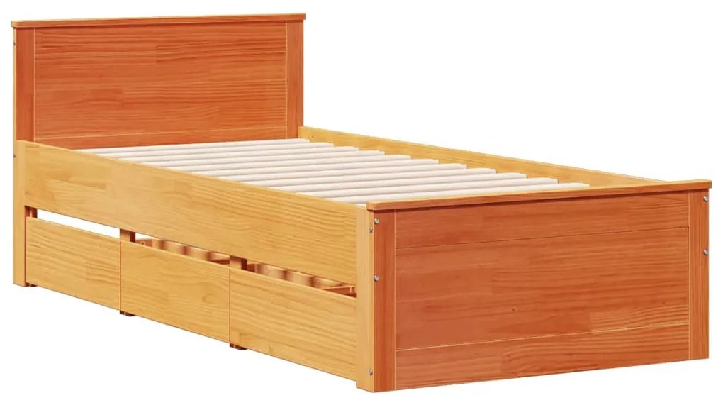 barna tömör fenyőfa könyvespolcos ágy matrac nélkül 100 x 200cm