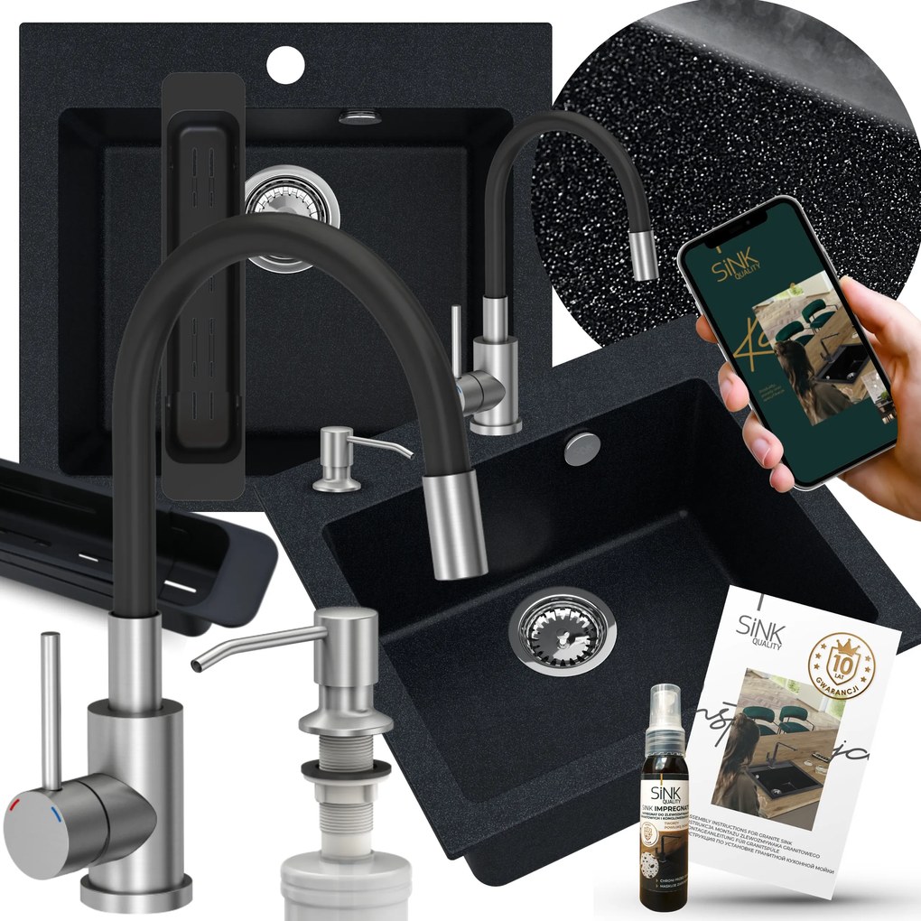 Gránit Mosogató Szett Egymedencés Fekete Metál Csaptelep Adagoló