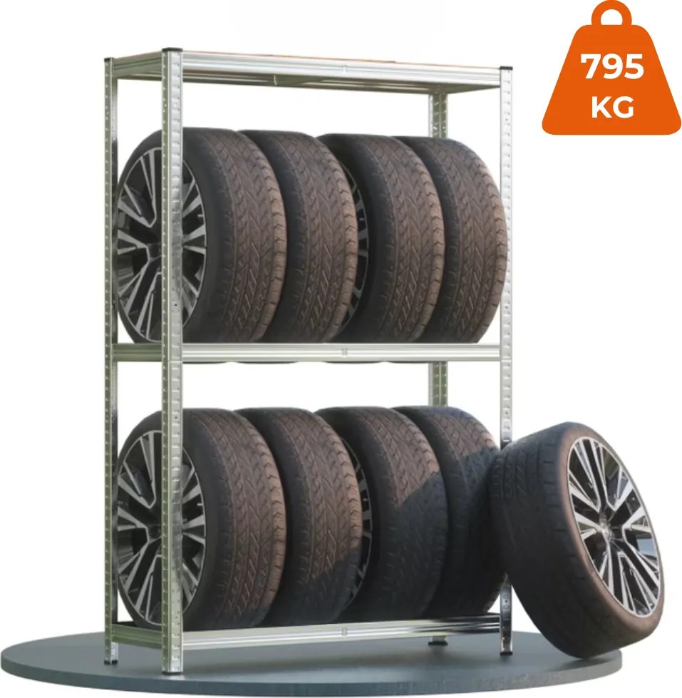 TYRE abroncstároló polc, 120x40x180cm, max 795kg, ezüst/világosbarna Jurhan