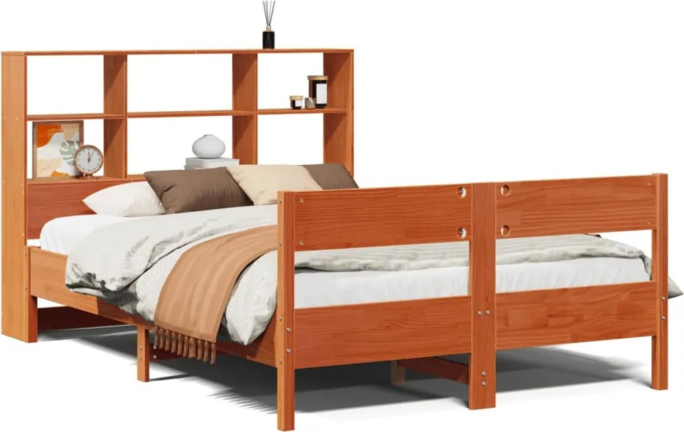 vidaXL barna tömör fenyőfa könyvespolcos ágy matrac nélkül 120 x 190cm