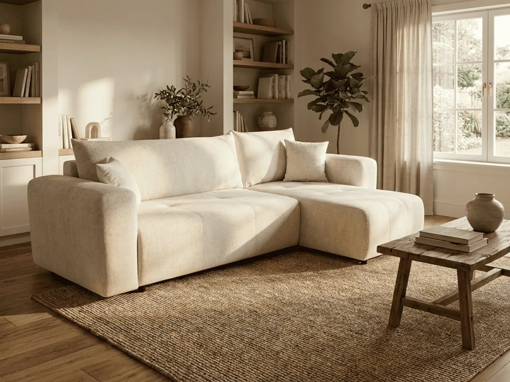 AKCIÓ Krémszínű kinyitható sarokkanapé SORELA, kétoldalas + 2 párna ajándékba II. osztály