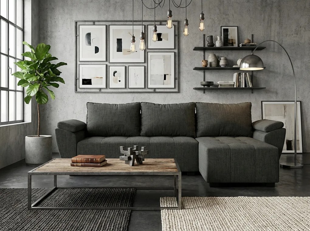 LIVARO L alakú kihúzható, megfordítható sarokkanapé 251x140 cm, sötétszürke