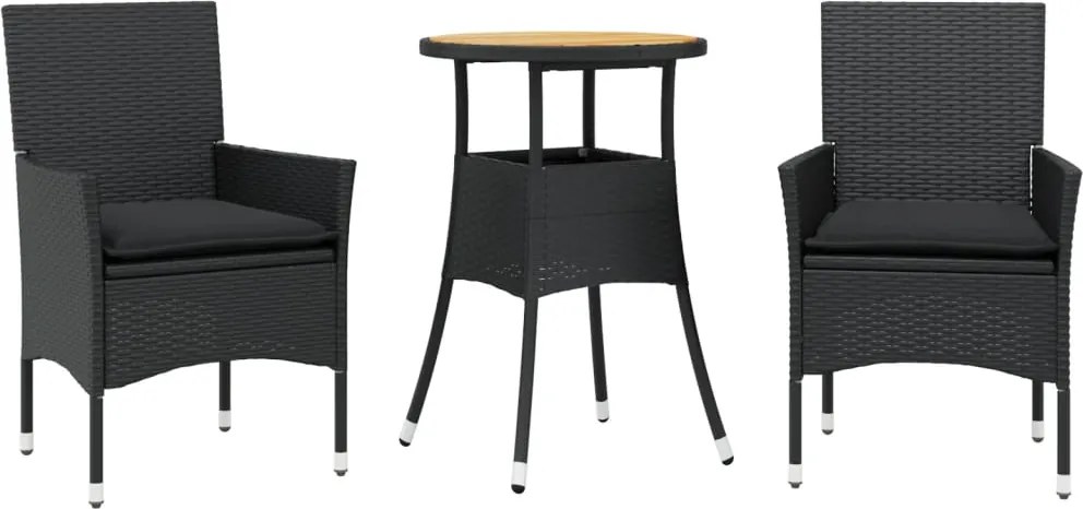 vidaXL 3részes fekete polyrattan/akácfa kerti étkezőgarnitúra párnákkal