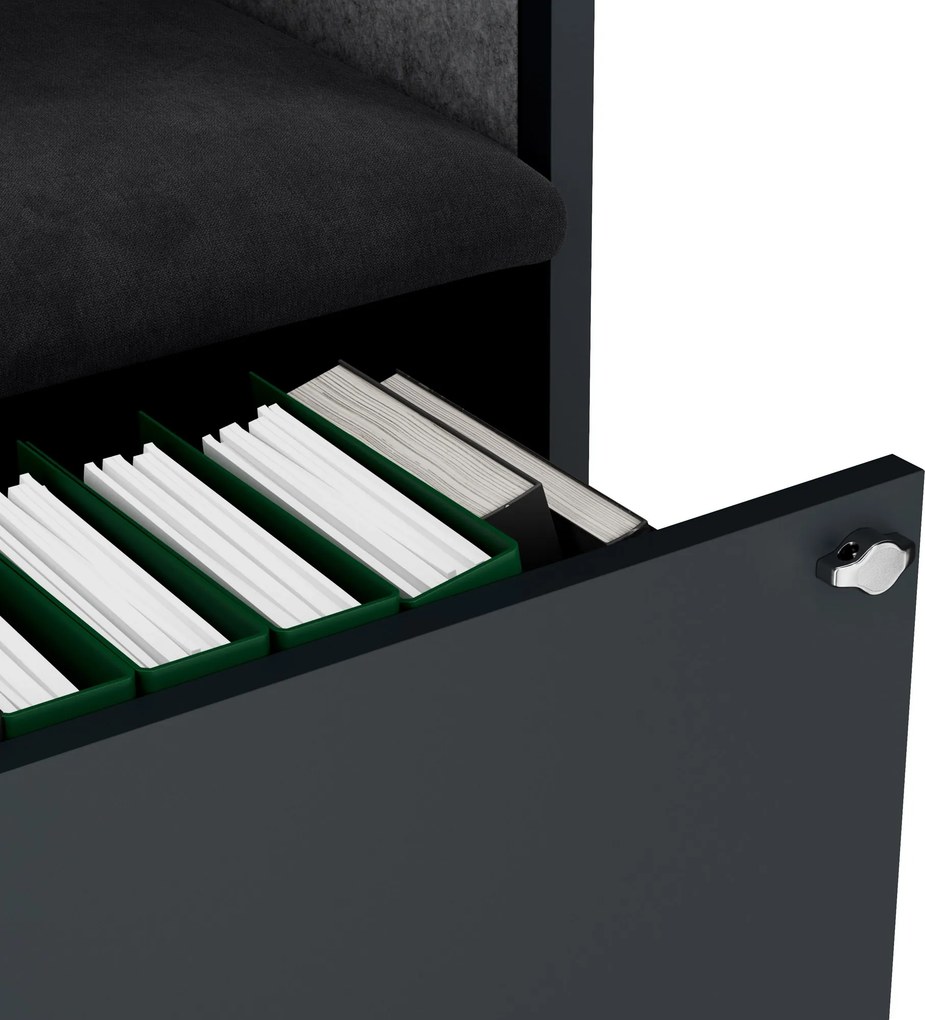 Irodai hangszigetelő fülke ülőkével és USB-C csatlakozóval, antracit színű váz / sötétszürke ülőke, 1150 mm: SALLY MentalBox