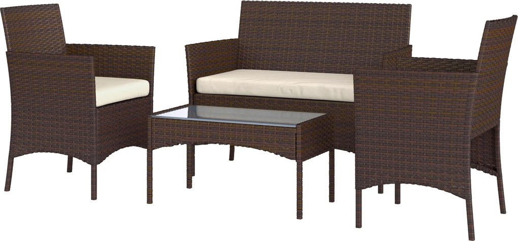 Outsunny Barna Rattan Kertbútor Szett párnákkal, időjárásálló kültéri bútor, 2 karosszékkel és üveg asztallal | Aosom