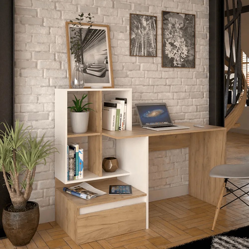 Számítógépasztal, artisan tölgy/fehér, NEREO NEW