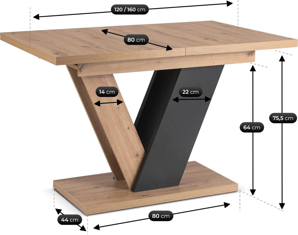 Kihúzható étkezőasztal 120–160 cm méretben, artisan tölgy/fekete színben CLARK