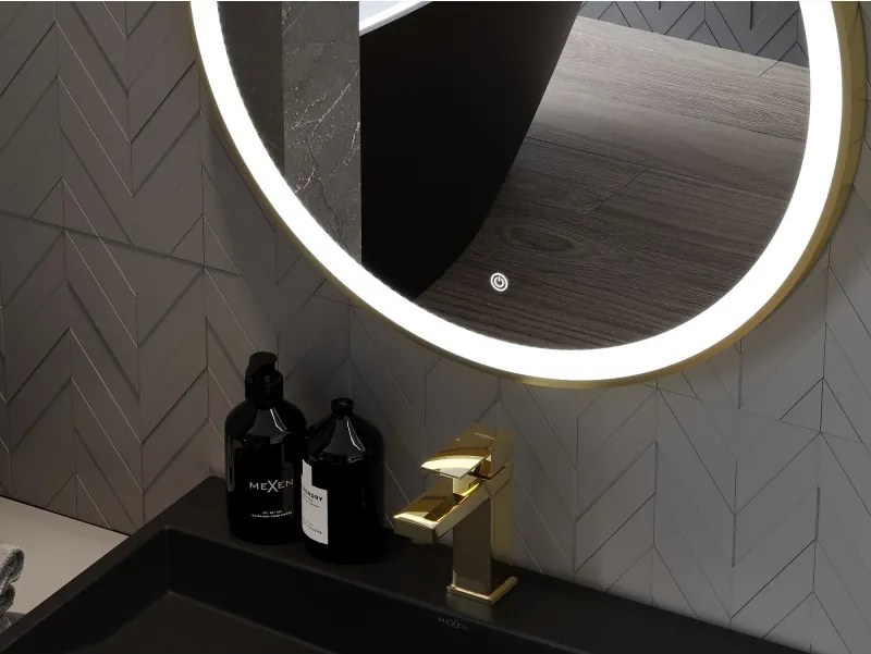 Mexen Esso kerek LED háttérvilágítású fürdőszobai tükör 80cm 6000K páramentes fűtőbetét arany keret 9825-080-080-611-50