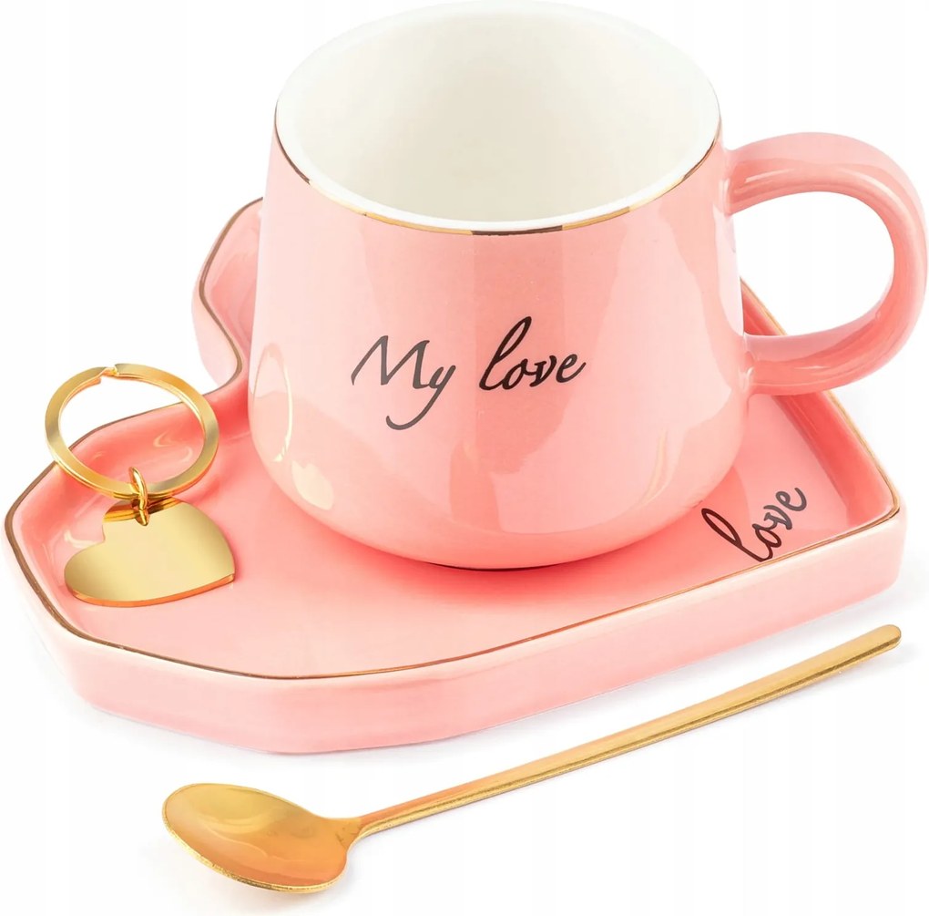 Nőnapi ajándék szett csésze, tányér, kanál, kulcstartó