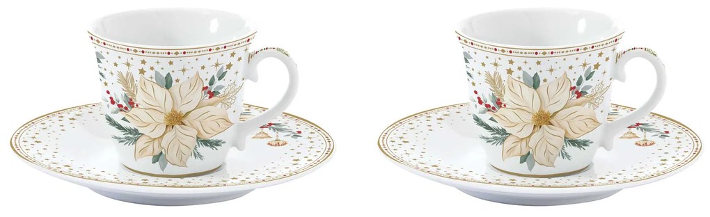 Karácsonyi porcelán eszpresszó csésze szett 2 személyes szett díszdobozban fehér arany mikulásvirág White Elegance