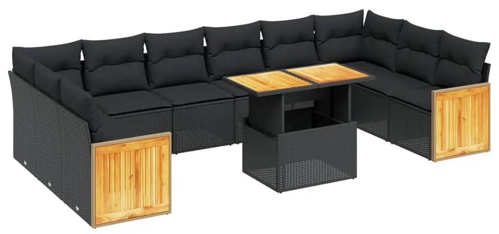 11 részes fekete polyrattan kerti ülőgarnitúra párnákkal