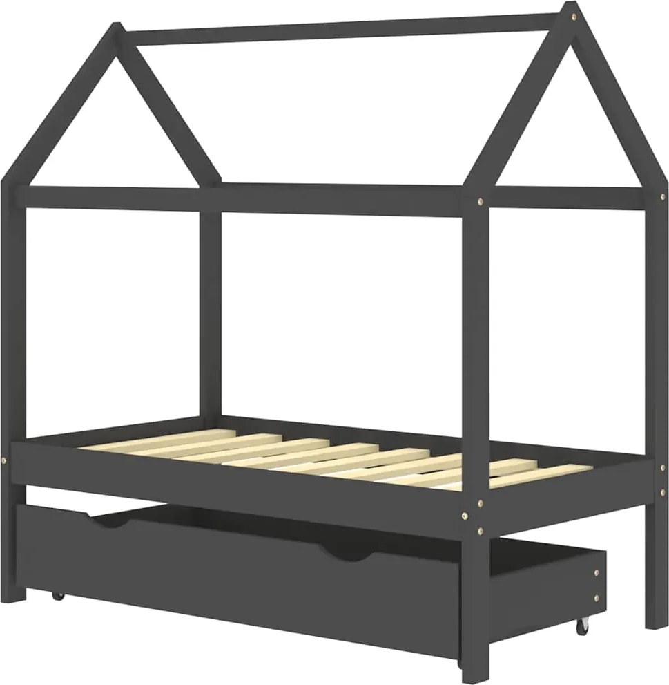 vidaXL sötétszürke tömör fenyőfa gyerekágykeret fiókkal 70 x 140 cm