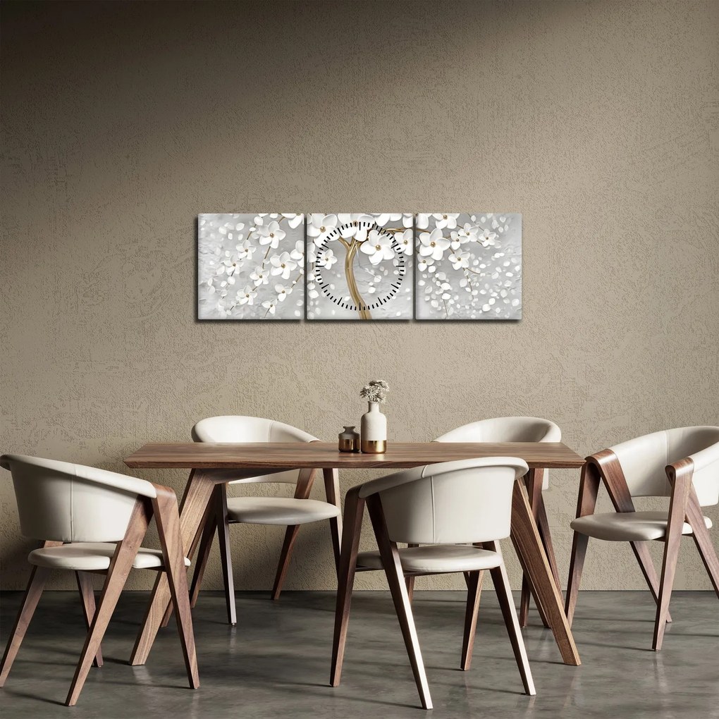 Fehér fa virágokkal képe (órával) (90x30 cm)