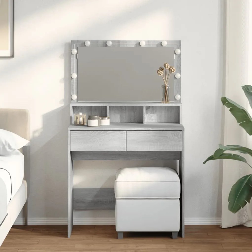 szürke sonoma színű fésülködőasztal LED-del 80 x 41 x 134,5 cm