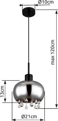 Globo 15839H Függeszték fém matt fekete, füstszínű üveg, átlátszó üvegkristályok, kábeltextil fekete, magassága lerövidíthető (függőlámpa), ø: 210mm, M:1200mm, nem tartozék: 1x E27 LED 9W 230V