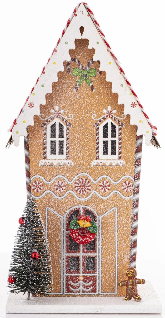 LED-es karácsonyi lámpás mézeskalács jellegű emeletes házikó ünnei díszítéssel fenyőfával asztali dekoráció 22x11x9cm