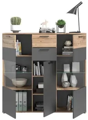 Mason 3 ajtós tálalószekrény nox tölgy - bazaltszürke