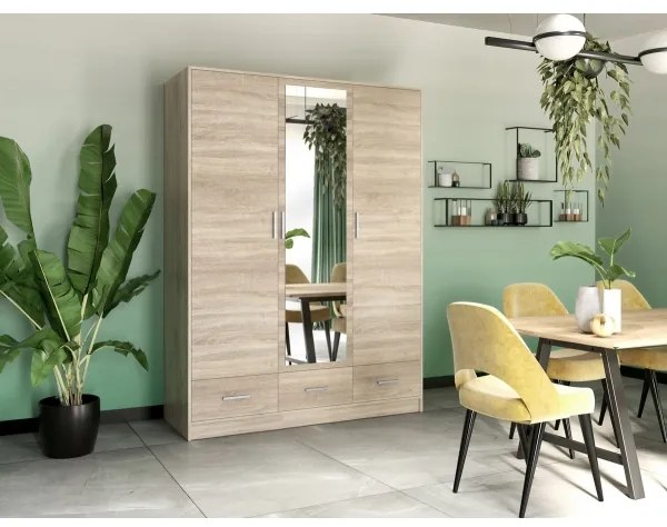 SANNA gardróbszekrény tükörrel, 150x215 cm, sonoma tölgy