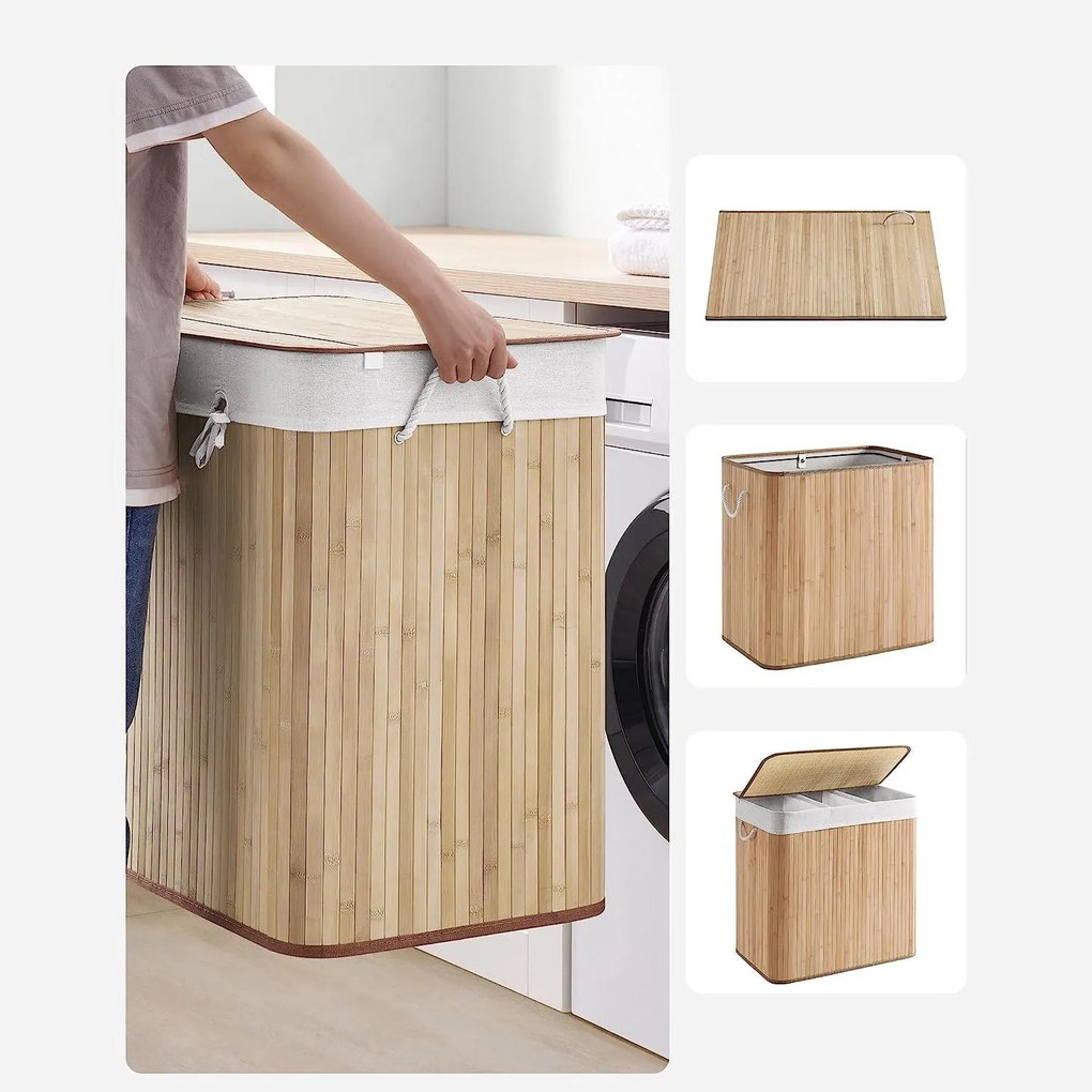 Bambusz szennyeskosár 3 rekesszel, fedéllel és fogantyúkkal, 150 literes