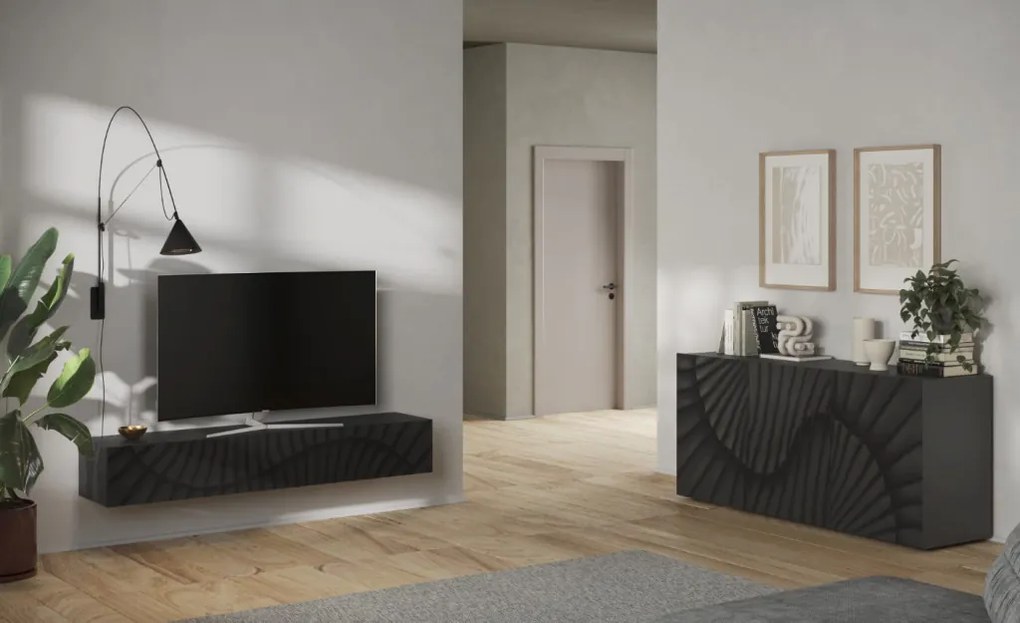 SNAKE háromajtós komód, antracitszürke laminált testtel és antracitszürke, díszített mintázatú előlapokkal