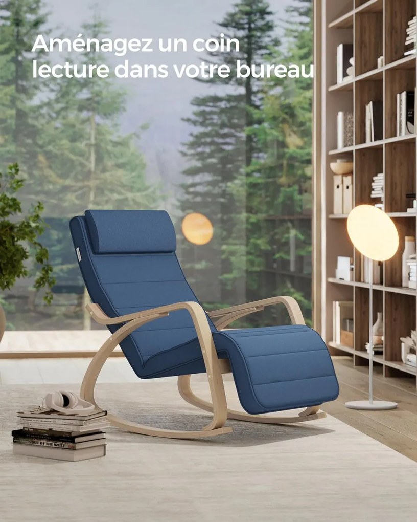 Hintaszék, nyírfából készült pihenő fotel, 5 pozícióban állítható lábrésszel, 150kg kék és natúr