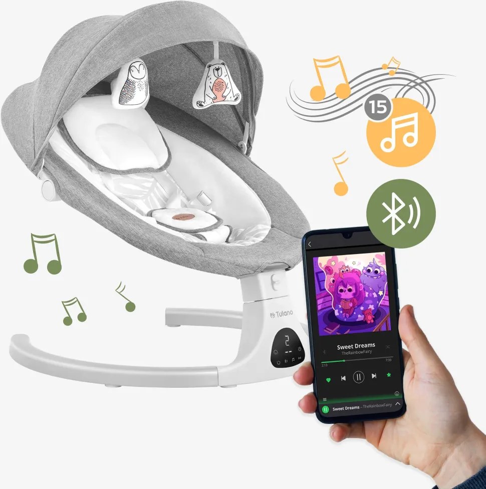 Elektromos hintaszék, automatikus ringatás, bluetooth, világosszürke