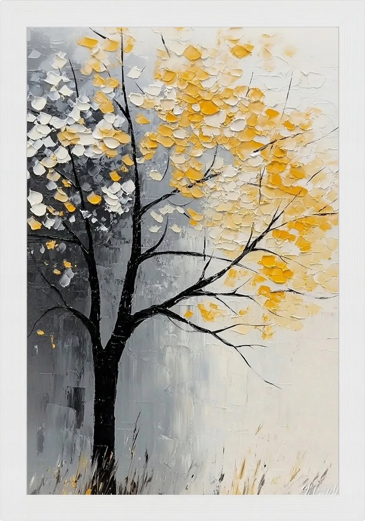 Poszter Keret Fa Olaj Impasto Tájkép Ősz Fa Köd 40x60