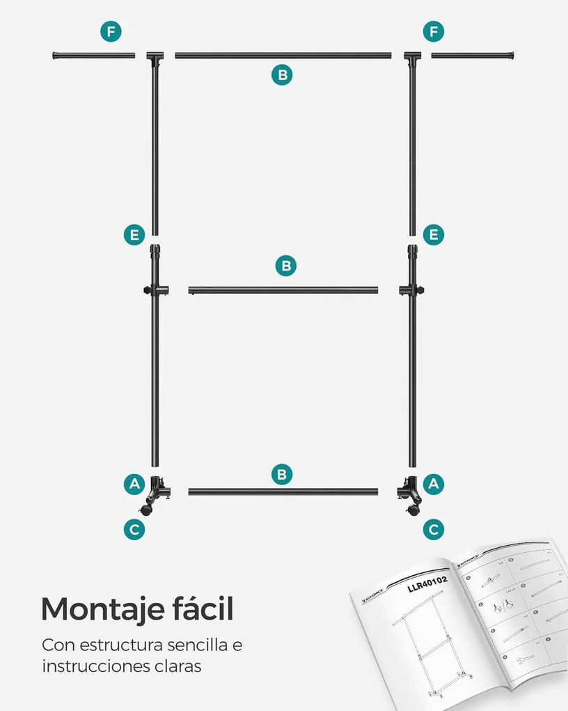 Dupla Ruhafogas, Állítható Felső Rúddal, Görgős, 113-180 cm, Fekete