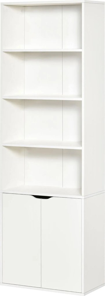 HOMCOM 4 Nyitott Polccal és 2 Ajtóval Rendelkező Könyvespolc Nappaliba, Irodába, Tanulószobába 80 kg Teherbírás, 59x29x180 cm, Fehér | Aosom
