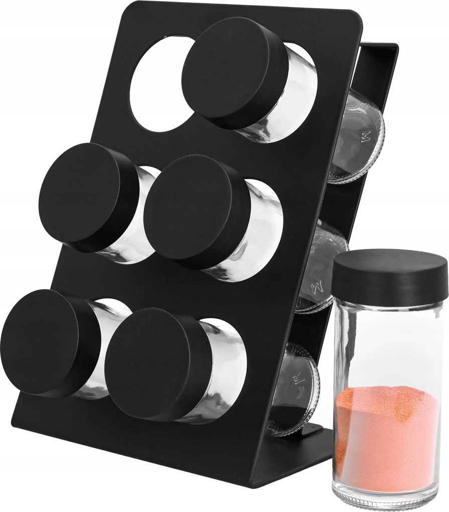 Fűszertartó Állvány fekete fém és 6 db befőttes üveg konyhapulthoz 7el