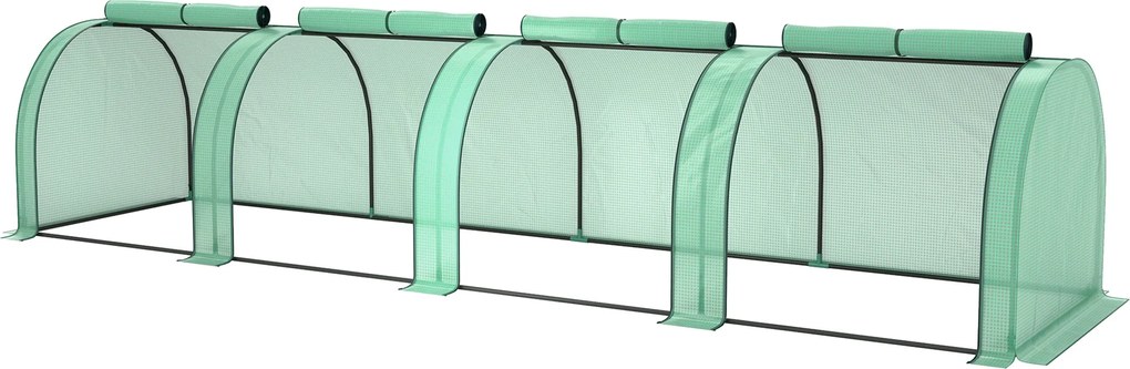 Outsunny Mini Kert Üvegház mini alagút üvegház paradicsom üvegház 4 x 1 x 0,8 m Acél Magas sűrűségű PE 140 g/m² UV-álló 4 húzózippes ajtóval Zöld | Ao